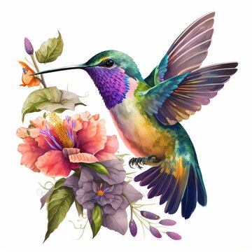 Beautiful Cute Hummingbird with Colorful Flowers Watercolor, Isolated on White Backgound - Generative AI