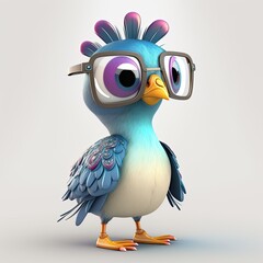 Funny childish blue bird wearing sunglasses on a light color background. Generative AI