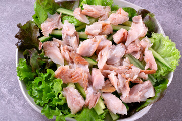 Salad with hot smoked catfish clarias, cucumber and lettuce dressed with lemon juice, soy sauce, honey and olive oil