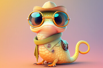 Funny yellow lizard wearing a scarf and sunglasses on colorful background. Generative AI