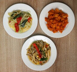 Indonesian food: stir-fried mushrooms, chayote and potatoes with chili sauce