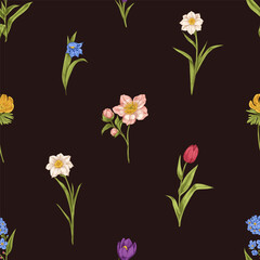 Seamless flower pattern, repeating print. Floral background, endless botanical texture for textile, fabric, wrapping drawn in vintage retro style. Floristic backdrop. Repeatable vector illustration