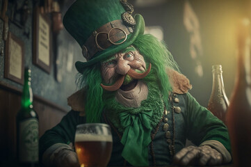St. Patrick's Day celebration. Cheerful old leprechaun in a green hat having fun in a pub. Ireland beer tradition.