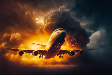 A plane in flight that explodes, surrounded by flames and smoke. Represents the dangers of air travel and human error. A tragic image that grabs the attention. Generative AI - obrazy, fototapety, plakaty