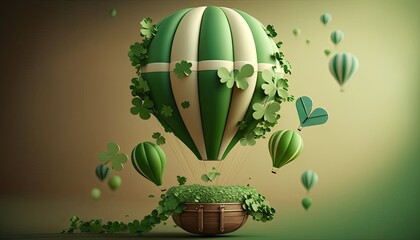 Green air balloon flying air transport illustration. Decorated for St. patricks day. Generative AI