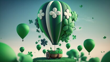 Green air balloon flying air transport illustration. Decorated for St. patricks day. Generative AI