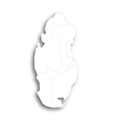 Qatar political map of administrative divisions - municipalities. Flat white blank map with thin black outline and dropped shadow.