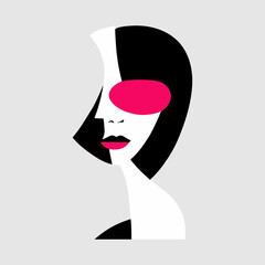 Abstract woman portrait artwork in minimalistic flat style. Female art poster. Elegant lady art in black and pink colors.