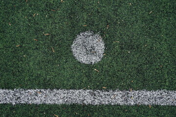 penalty spot, solid white long line and round white point on green background - obrazy, fototapety, plakaty