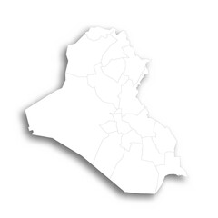 Iraq political map of administrative divisions - governorates and Kurdistan Region. Flat white blank map with thin black outline and dropped shadow.