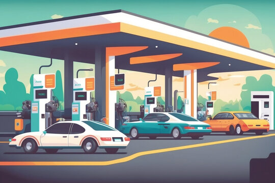 Generative AI illustration of cars on forecourt at a fuel station © William