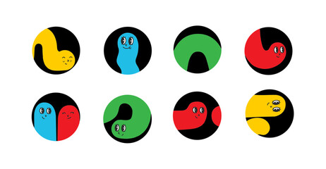 Geometric cute color worms coming, flying, jumping, looking through and out of holes. Happy enthusiastic lively characters. Search, explore concept. Graphic vector illustration