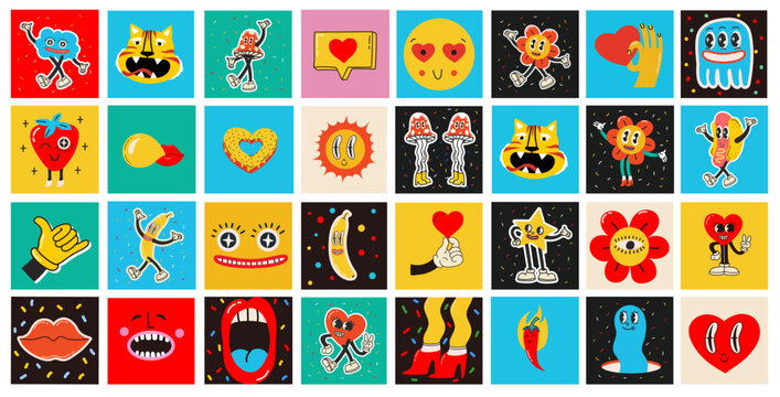 Hand drawn Vector illustrations of Set of Various retro patches, pins, stamps or stickers with abstract funny cute comic characters.