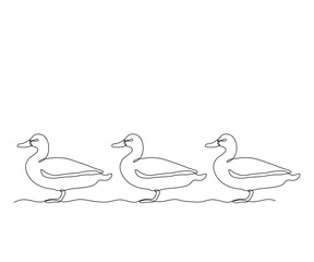 three abstract ducks stand in a row,hand drawn, continuous mono line, one line art
