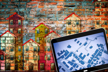 Real Estate concept with cityscape and buildings on imaginary cadastral map of territory with digital tablet