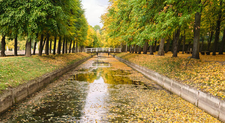 bridge Beautiful early autumn scene in park water river colorful fallen leaves