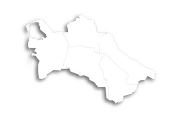 Turkmenistan political map of administrative divisions - regions and capital city district of Ashgabat. Flat white blank map with thin black outline and dropped shadow.