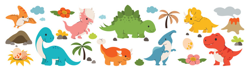 Cute dinosaurs vector set. Hand drawn doodle triceratops, stegosaurus, tyrannosaurus, diplodocus, pterosaur. Dinosaur comic character design for kids, print, clothes, poster, education, edutainment. © TWINS DESIGN STUDIO