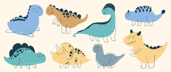 Cute dinosaurs vector set. Hand drawn doodle triceratops, stegosaurus, tyrannosaurus, diplodocus, ankylosaurus. Dinosaur comic character design for kids, print, cloth, poster, education, edutainment.