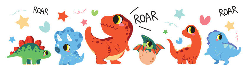 Cute dinosaurs vector set. Hand drawn doodle triceratops, stegosaurus, tyrannosaurus, diplodocus, pterosaur. Dinosaur comic character design for kids, print, clothes, poster, education, edutainment.