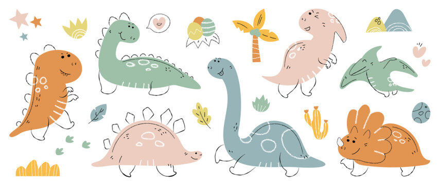 Cute dinosaurs vector set. Hand drawn doodle triceratops, stegosaurus, tyrannosaurus, diplodocus, pterosaur. Dinosaur comic character design for kids, print, clothes, poster, education, edutainment.