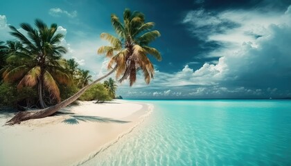 Obraz na płótnie Canvas Beautiful tropical beach with white sand, palm trees, turquoise ocean against a blue sky with clouds on a sunny summer day. The perfect landscape backdrop for a relaxing getaway. Generative AI