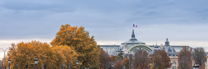 Roof of the Grand Palais with a French flag waving in the air in Paris, France in Autumn