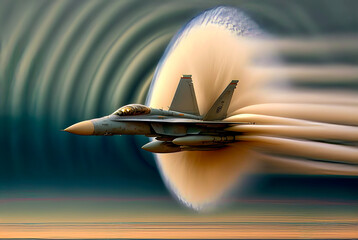 A supersonic fighter plane captured breaking the sound barrier, a symbolic visual to represent the powerful performance of air. Generative AI - obrazy, fototapety, plakaty