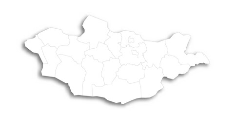 Mongolia political map of administrative divisions - provinces and khot Ulaanbaatar. Flat white blank map with thin black outline and dropped shadow.