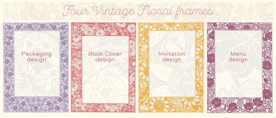 Vintage floral and foliage frames, ideal for book cover design, wedding card, menu design, packaging design and label graphics.