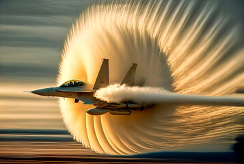 Imagery of a fighter plane flying over the sound barrier. A striking and educational representation. Generative AI - obrazy, fototapety, plakaty