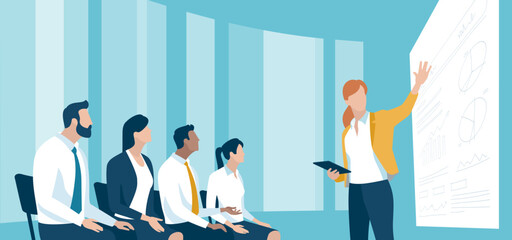 Lecture, education. A young female speaker gives a presentation. Business vector illustration.