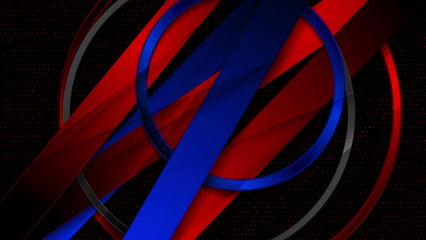 Red blue glossy stripes and rings abstract geometry background