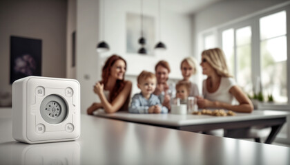 Home automation, smart home gadget, control, closeup, blurred family in home backgorund, generative ai