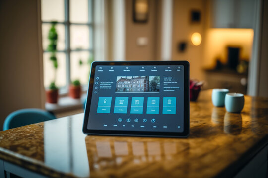 Home automation, Tablet app home control, closeup, blurred home backgorund, generative ai