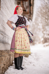 slovak folk costume. Young beautiful slovak woman in traditional dress. Slovak folklore