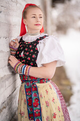slovak folk costume. Young beautiful slovak woman in traditional dress. Slovak folklore
