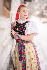 slovak folk costume. Young beautiful slovak woman in traditional dress. Slovak folklore