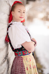 slovak folk costume. Young beautiful slovak woman in traditional dress. Slovak folklore