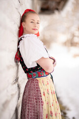 slovak folk costume. Young beautiful slovak woman in traditional dress. Slovak folklore