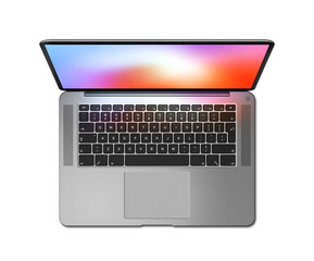 Open laptop top view with colorful screen, isolated on transparent background. Dark silver. 3D render - 571845474