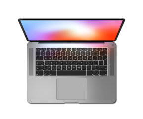 Open laptop top view with colorful screen, isolated on transparent background. Dark silver. 3D render