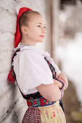 slovak folk costume. Young beautiful slovak woman in traditional dress. Slovak folklore