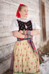 slovak folk costume. Young beautiful slovak woman in traditional dress. Slovak folklore