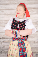 slovak folk costume. Young beautiful slovak woman in traditional dress. Slovak folklore
