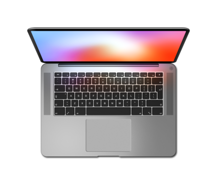 Open laptop top view with colorful screen, isolated on transparent background. Dark silver. 3D render