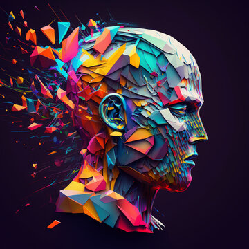 Abstract Colourful Human Head shattering on a dark background, generative AI