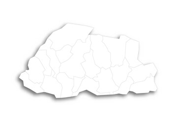 Bhutan political map of administrative divisions - districts. Flat white blank map with thin black outline and dropped shadow.