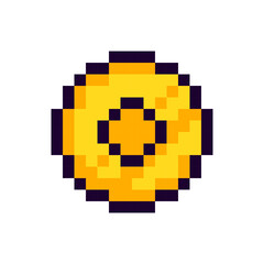 Gold coin Pixel Art gaming item. Game pixel gold icon, money 8Bit game resource. Pixelart vector Illustration isolated on white background.