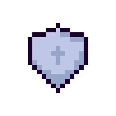 Shield Pixel Art gaming item. Game pixel shield icon, shield 8Bit game resource. Pixelart vector Illustration isolated on white background.
